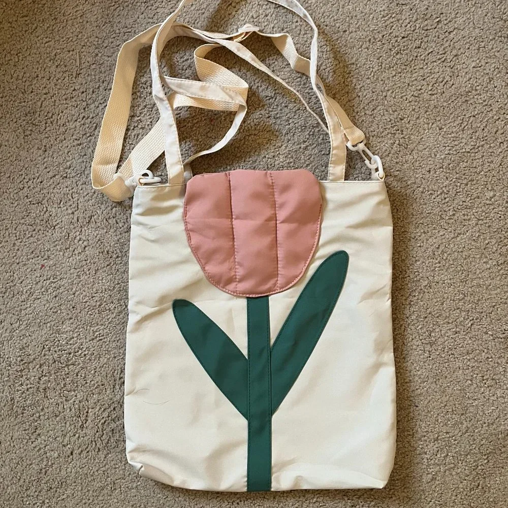 Cottage Core Tulip Tote Bag, Quilted, Full Zip, Pink & Green - Picture 1 of 8